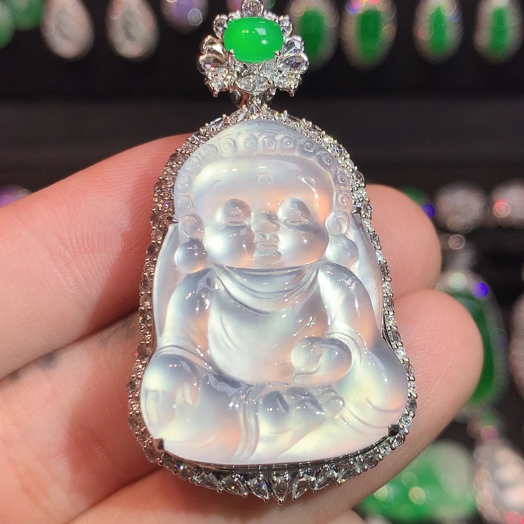 翡翠18K金镶嵌吊坠(赠链)玻璃种黑钢宝宝佛吊坠