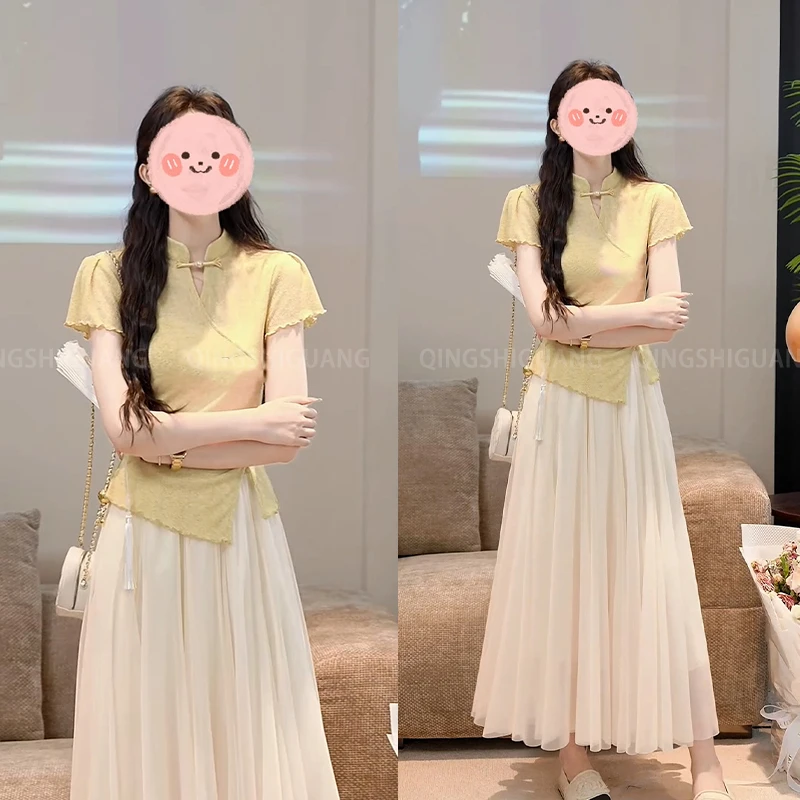 夏季设计感黄色上衣新中式衣服套装短袖女爆款2025新款a字半身裙