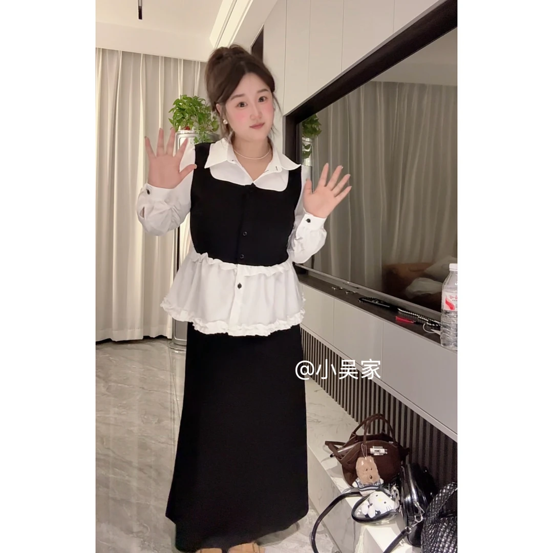 「小吴家」胖MM假两件长袖衬衫女秋韩系穿搭套装高腰半身裙两件套