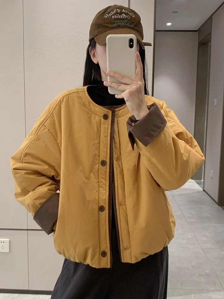 冬季新款圆领短款拼色棉服女小个子时尚百搭休闲保暖韩版