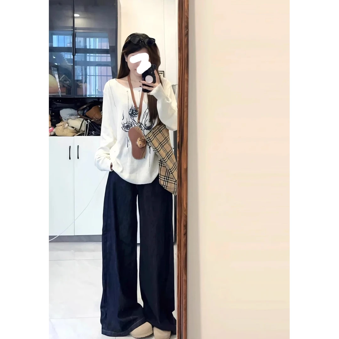 T134【RONZE潮流服饰】原牛美式ins蓝灰色阔腿牛仔裤女宽松拖地裤子