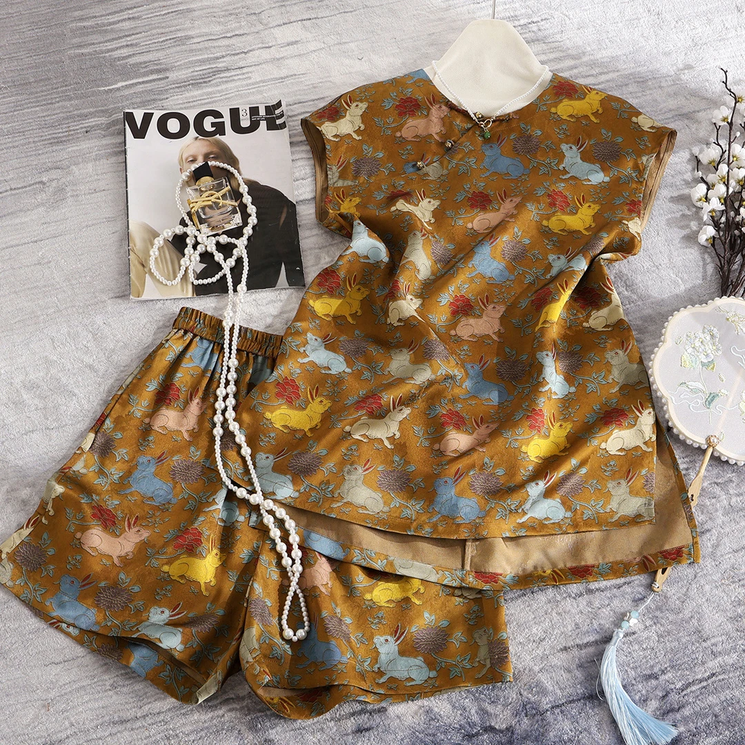 优雅气质斜襟无袖上衣真丝香云纱新中式国风显瘦阔腿短裤套装夏季