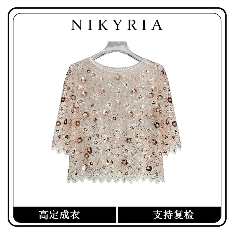 【 赫拉女神】HS春夏款时尚短袖女装花朵亮片钉珠网纱T恤女