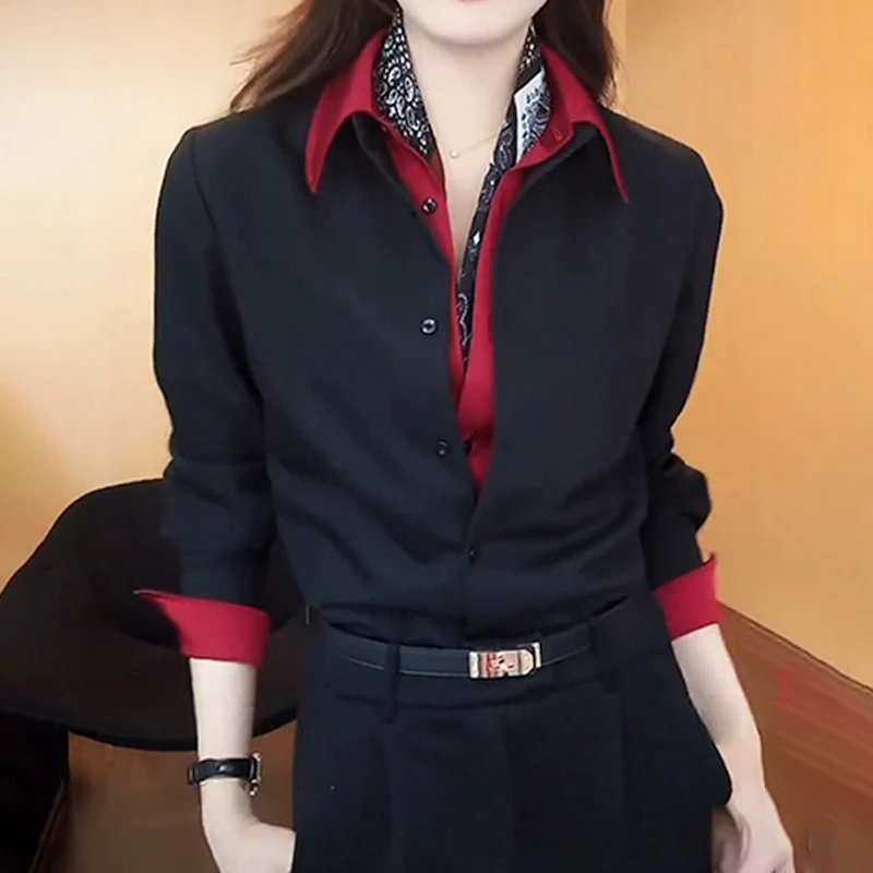 2025冬季新款设计感假两件翻领衬衫女韩系撞色拼接时髦气质上衣潮