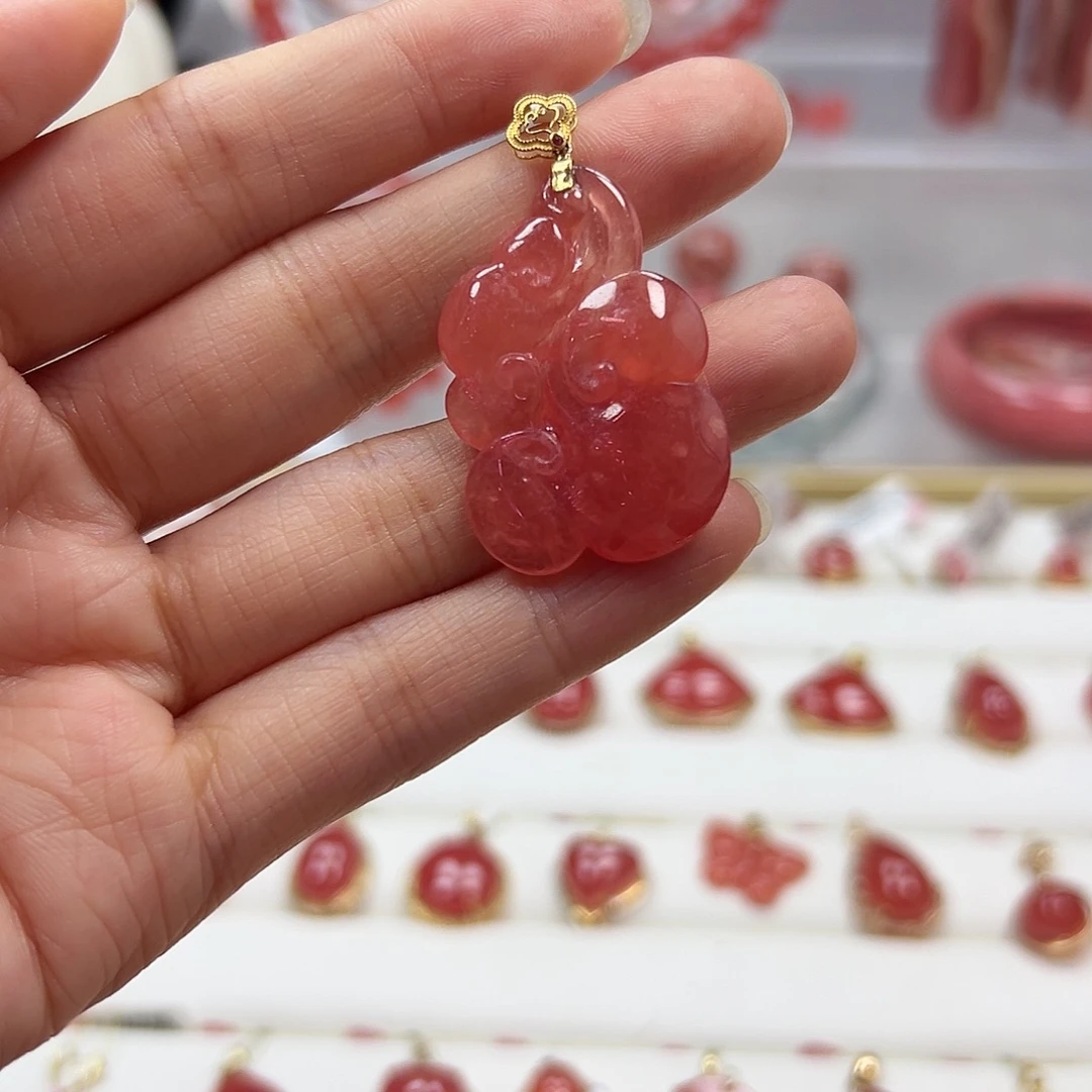 菱锰矿（红纹石）18K金镶嵌吊坠(不含链)