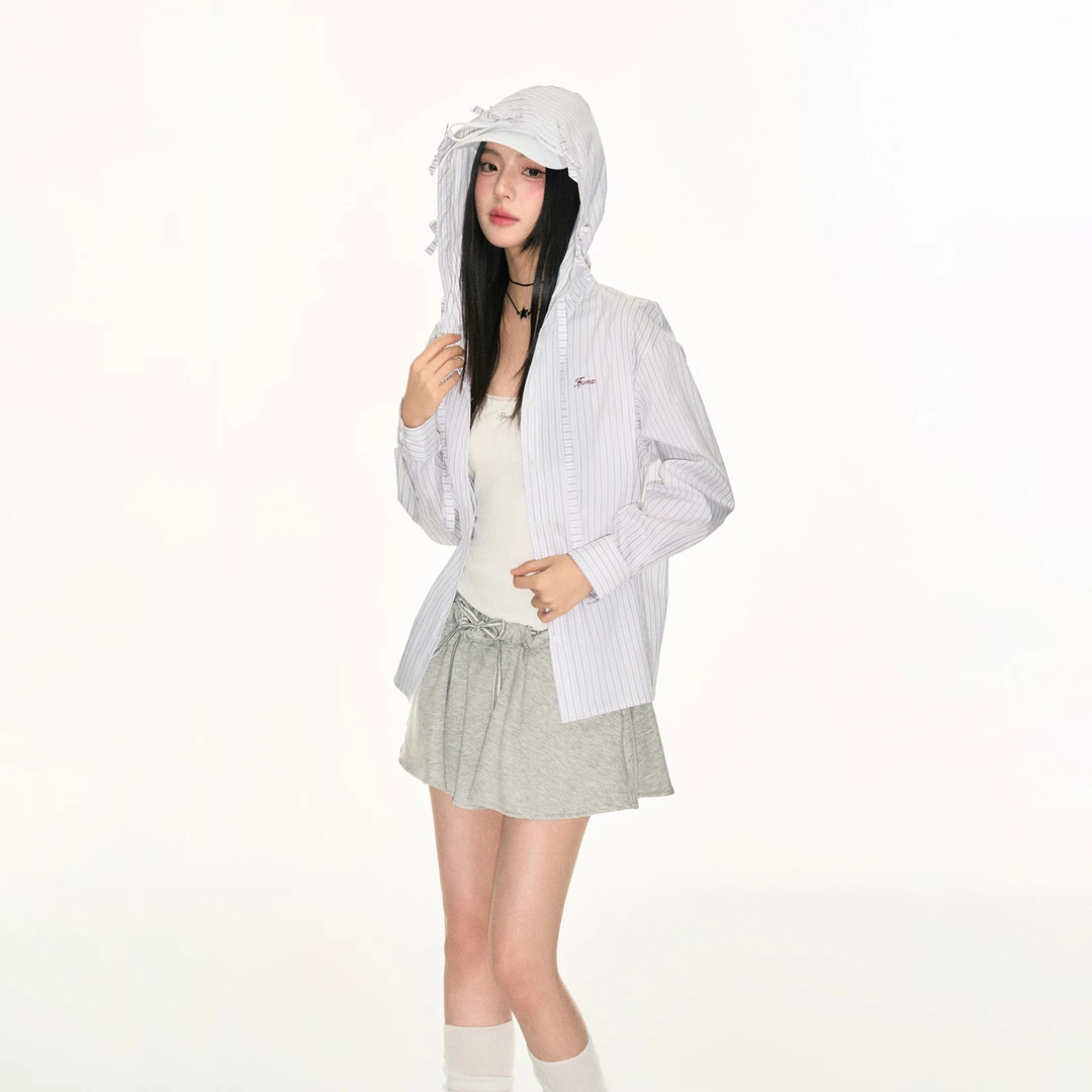 FPMZ韩系休闲蝴蝶结装饰连帽条纹衬衫外套刺绣长袖开衫宽松薄上衣