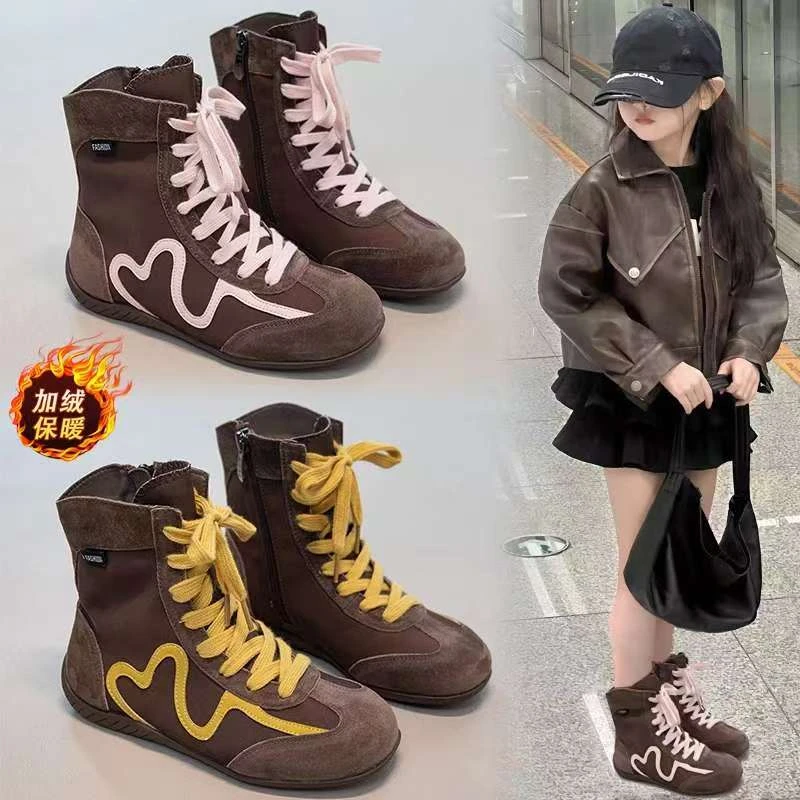 ABC 童鞋女童靴子2025秋冬新款拳击鞋大童女孩加绒短靴保暖二棉鞋