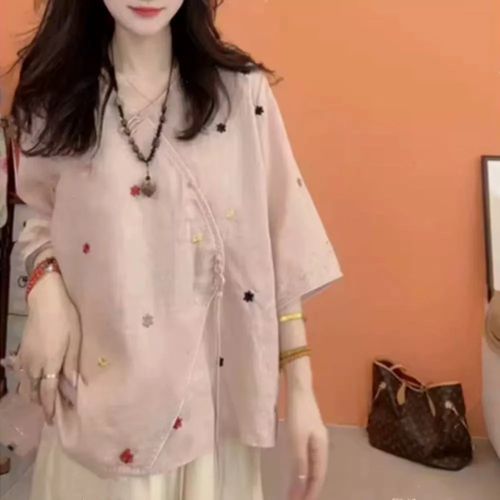 夏季刺绣斜襟系带宽松衬衫女新款减龄时尚百搭国风中式短袖薄上衣