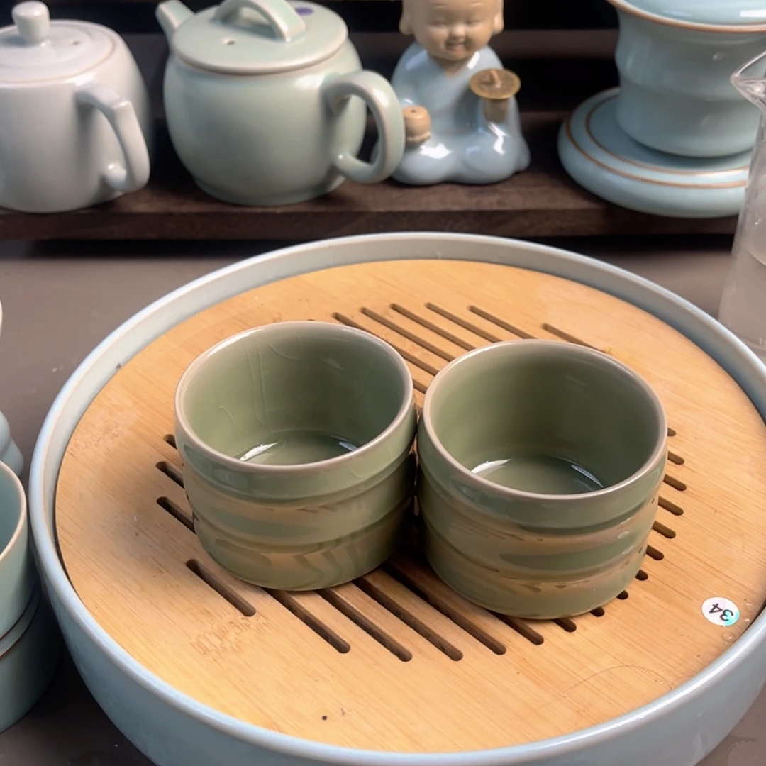 陶摆件瓷豆绿釉竹节杯