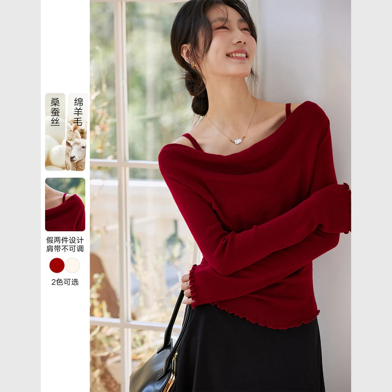 *假两件一字领设计感针织衫女含羊毛上衣73959