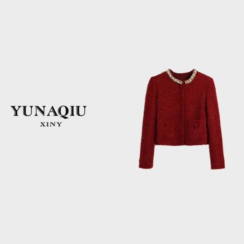 YUNAQIU-设计师小香风时尚女士格子设计师格纹粗花呢外套-8539