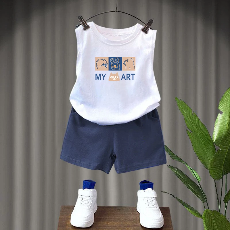 夏季男孩纯棉卡通衣服男宝宝休闲无袖运动套装中大童背心两件套潮