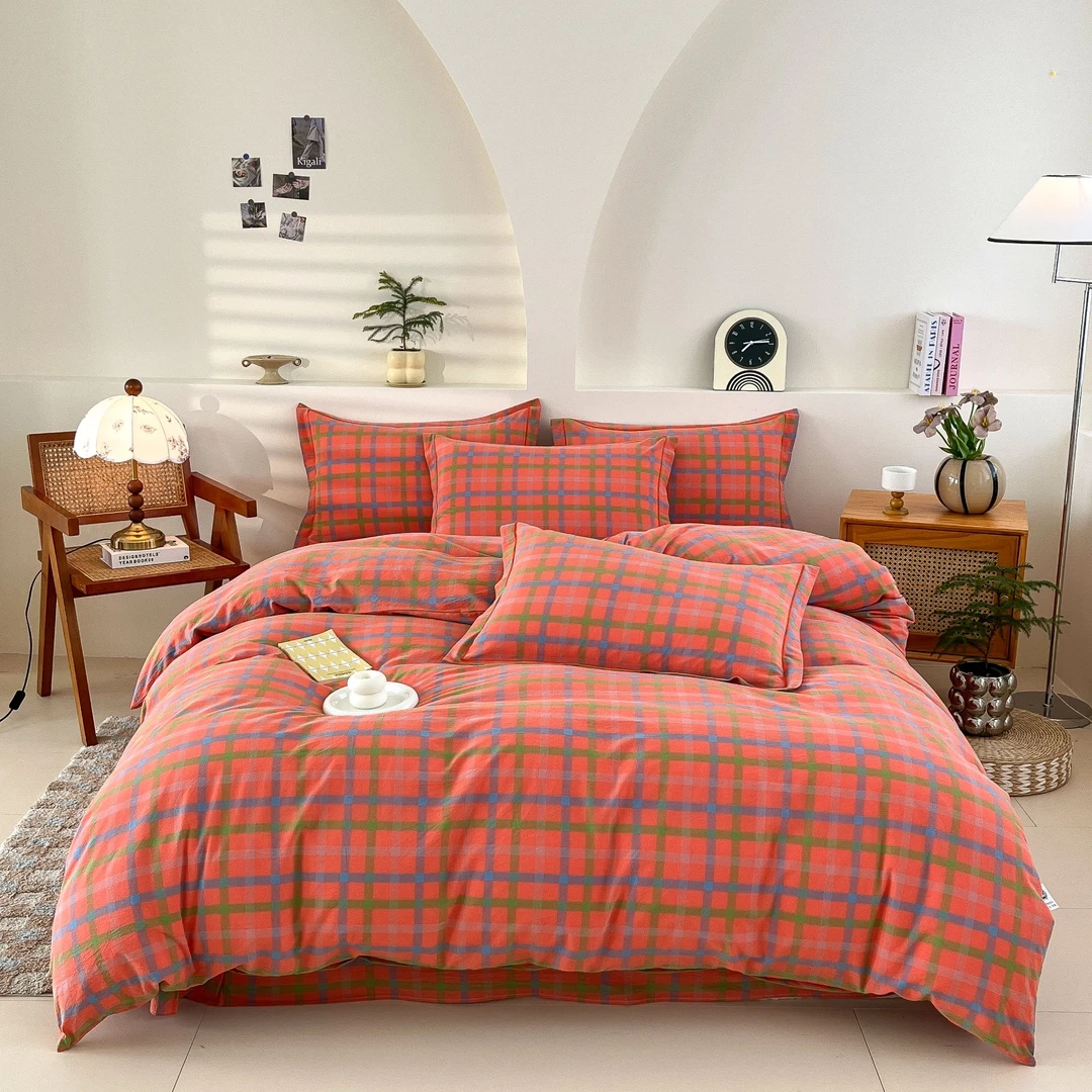 优雅-桔【爆款热卖】A类全棉色织水洗棉四件套格子床上柔软