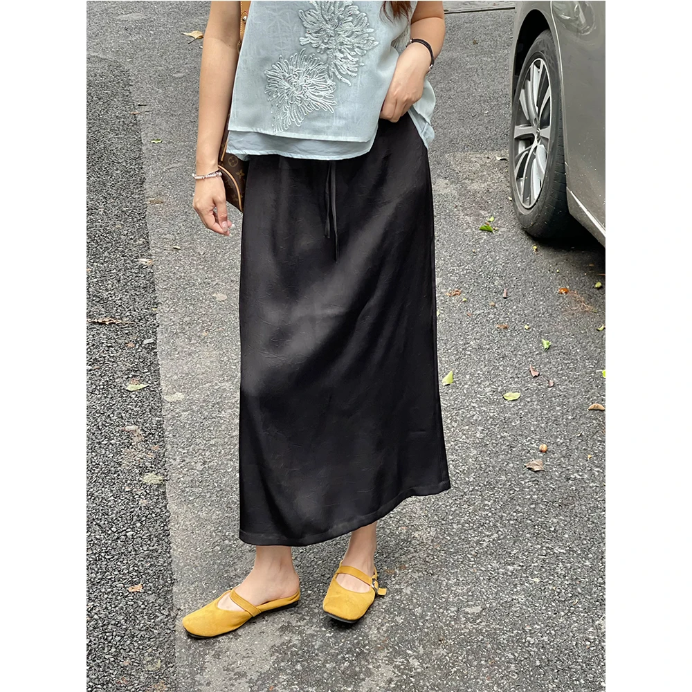 WenWen小个子韩系缎面花纹高腰显瘦半身裙夏季百搭直筒裙4012