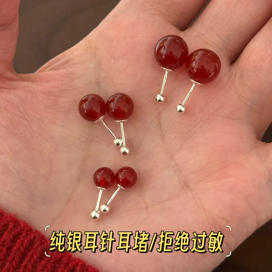 S925纯银针红玛瑙耳钉女网红气质时尚复古百搭螺丝拧防丢玉石耳环