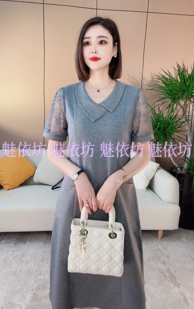 新款夏季时尚百搭蕾丝袖连衣裙女女装4.30*X