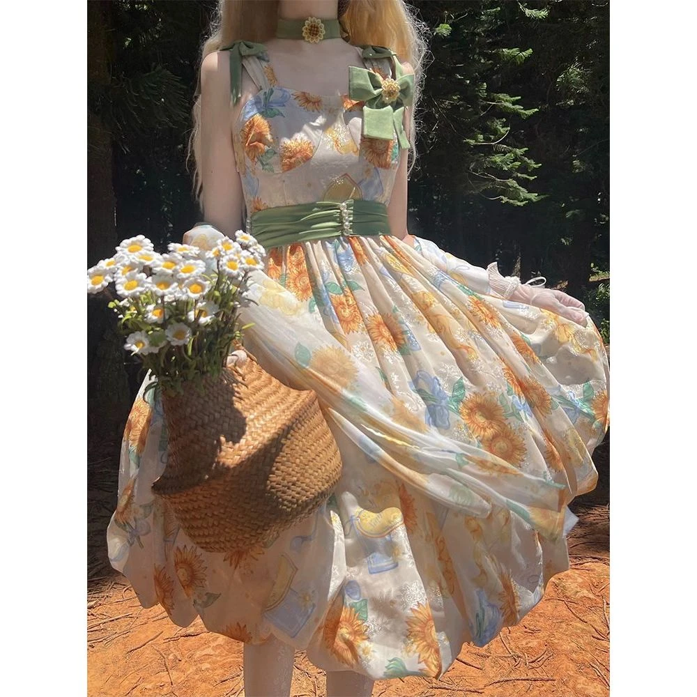 2025年夏季新款淬火向日葵花苞裙气质甜美收腰蝴蝶结明媚连衣裙