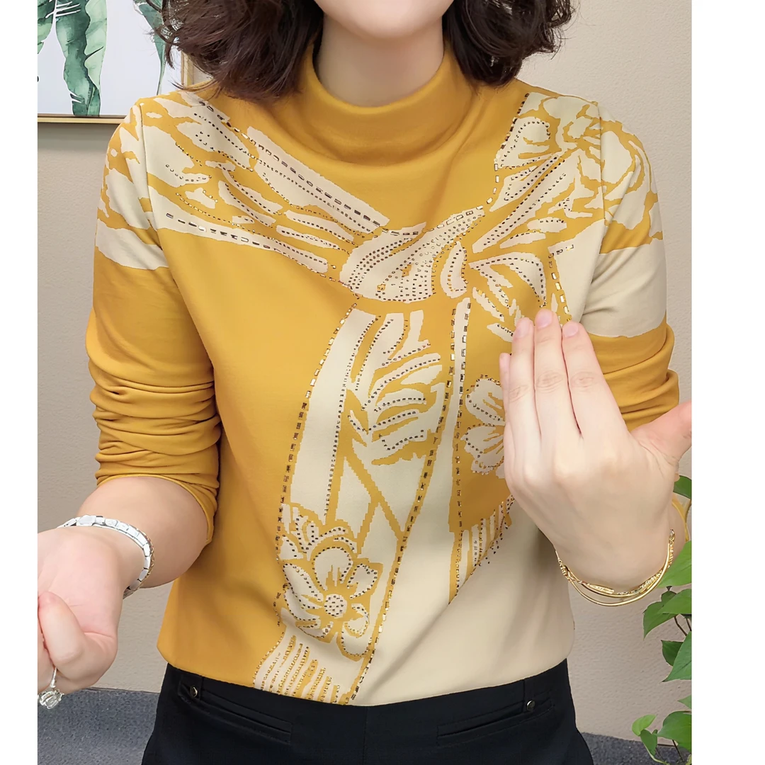 2025秋冬新款百搭气质印花半高领加绒长袖T恤女打底衫时尚上衣潮
