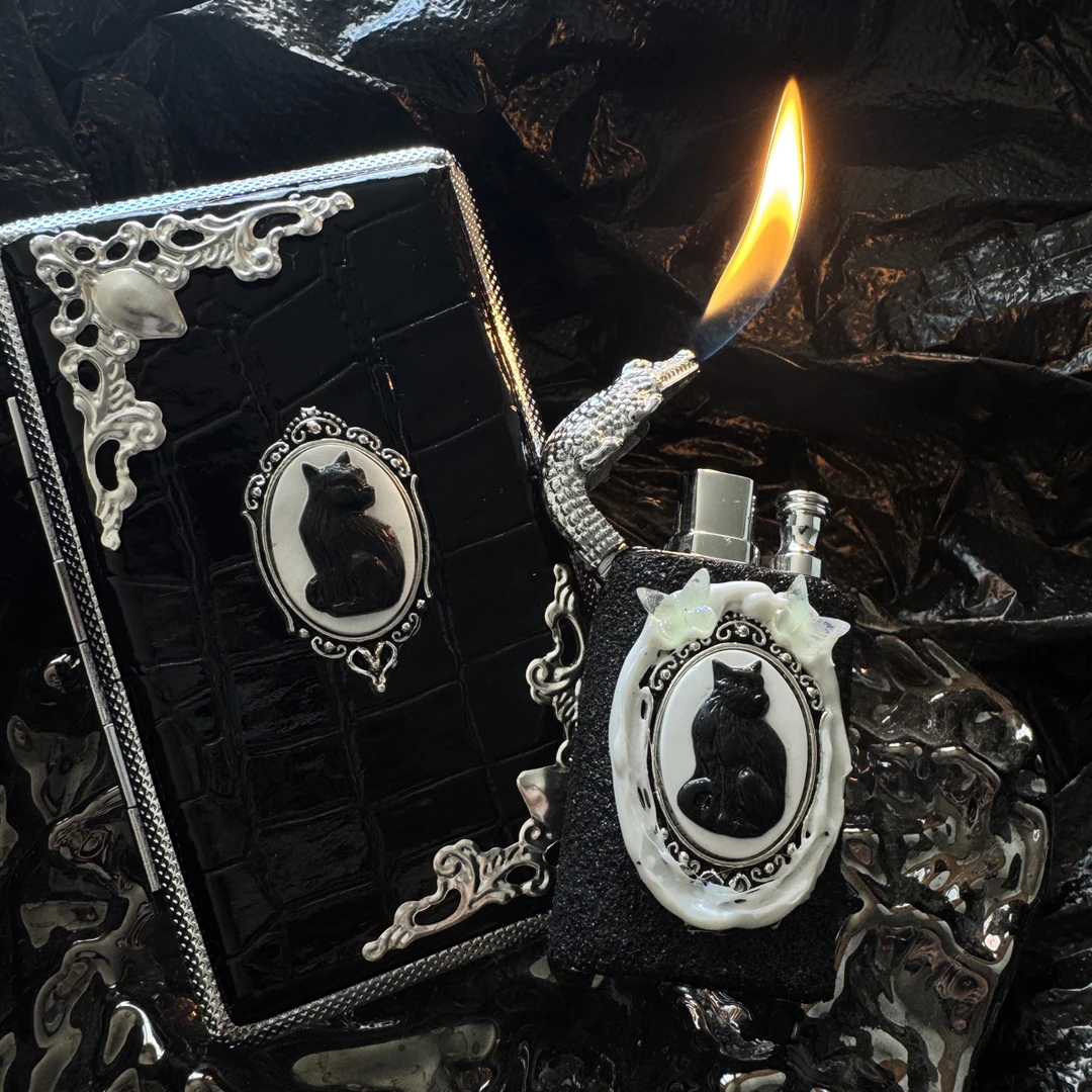 【馒头原创】“黑猫”原创手作打火机防风金属火焰可充气男女礼物