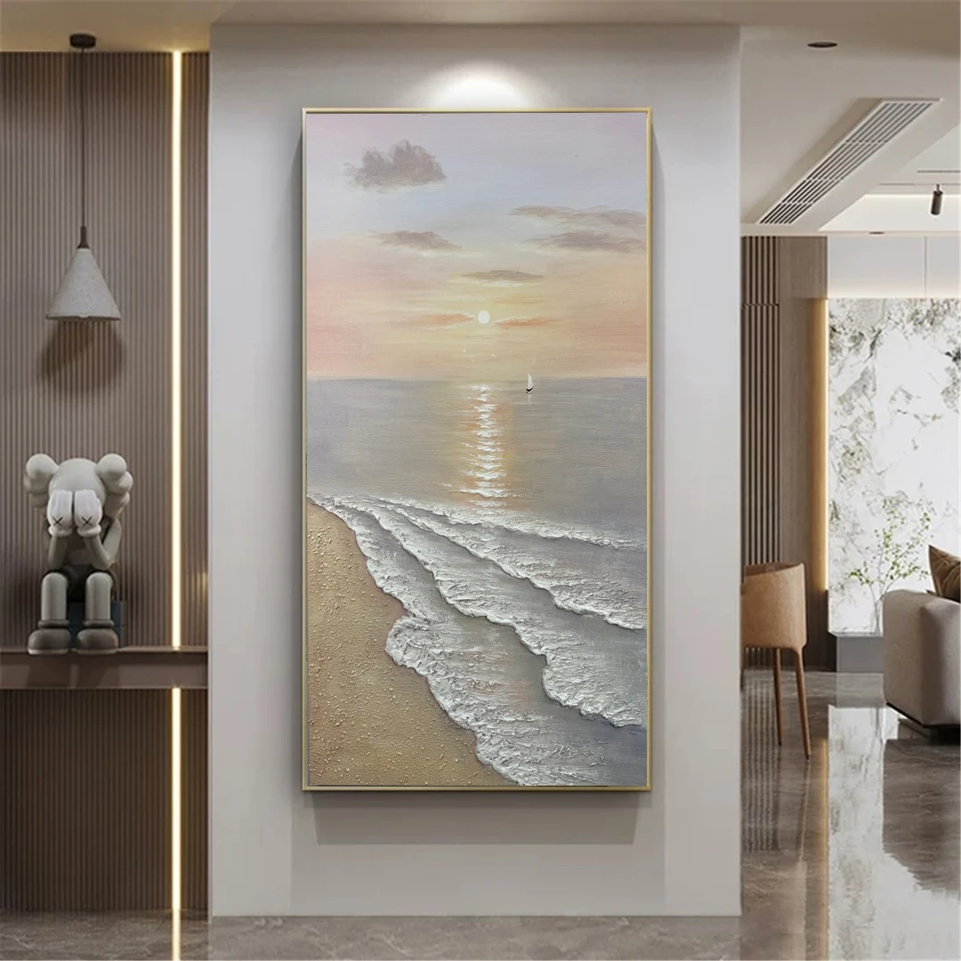 《旭日东升》客厅沙发背景竖版纯手工油画现代简约玄关挂画肌理画