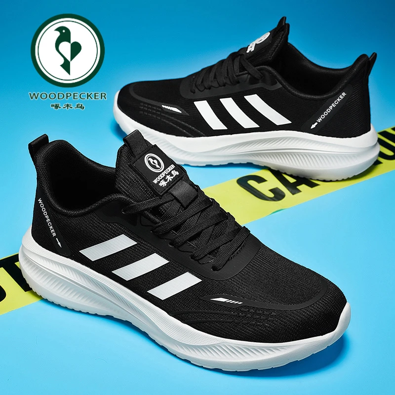 正品啄木鸟2025新款男士透气软底休闲跑步潮流百搭网面运动鞋
