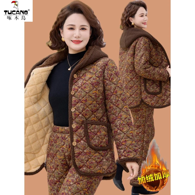 啄木鸟妈妈冬装套装加绒加厚衣两件套中老年女装印花袄保暖服外套