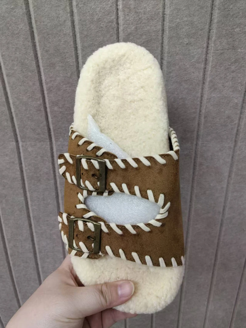 A-86厚底双排扣毛毛拖鞋2025秋季新款百搭休闲