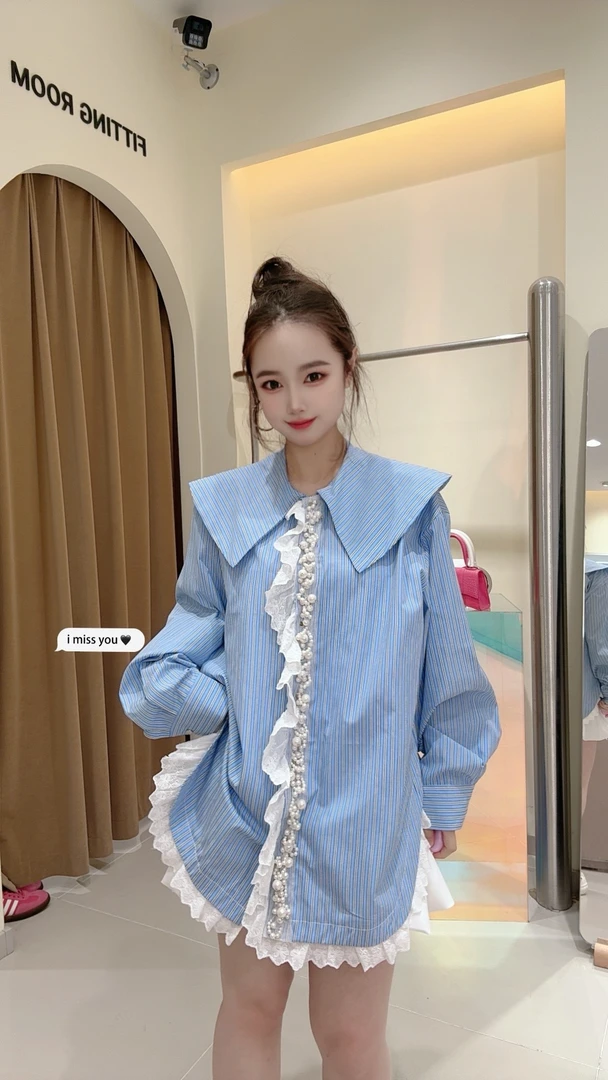 【柠檬汽水】大观欧货设计感减龄珍珠条纹衬衫蕾丝衬衣宽松蓝色时尚