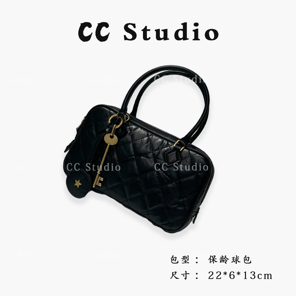 【尚恩CC】ZT-D7069-手抓牛皮黑-轻奢百搭女士新款手提保龄球包