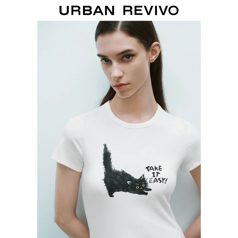 UR2025秋季新款女装时尚撞色印花图案修身短袖T恤UYV450032