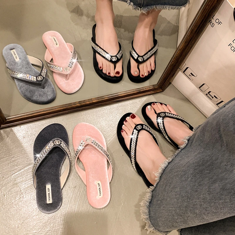 法式水钻平底人字拖鞋女外穿2025年夏季新款百搭时尚沙滩夹脚凉拖