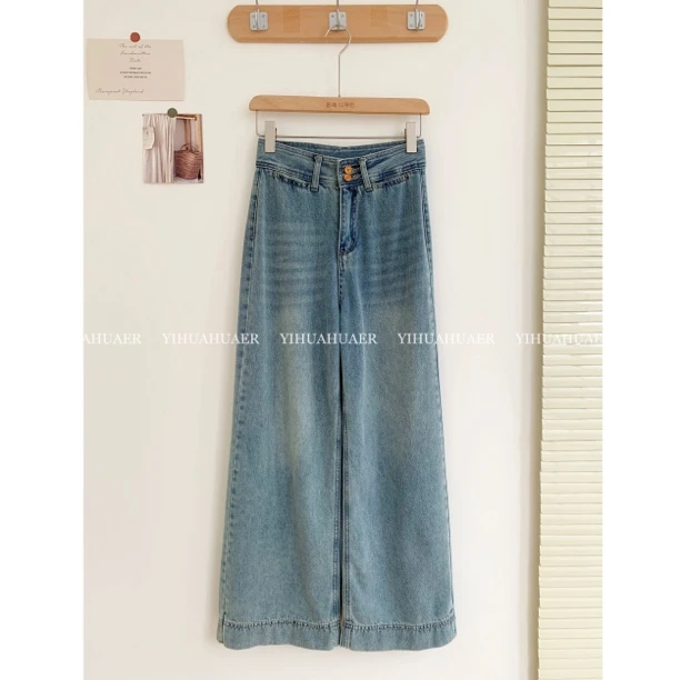 东大门春款韩系显瘦设计感压线复古高腰百搭休闲双扣牛仔裤2371