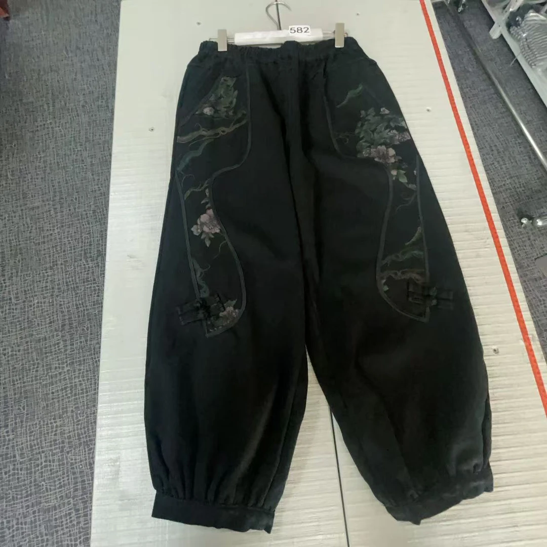 582号 民族风印花加绒加厚牛仔裤宽松大码文艺复古显瘦哈伦裤