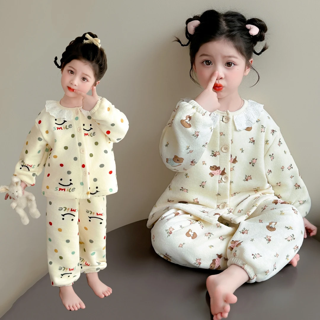 女童睡衣2025新款秋冬季保暖法兰绒可爱卡通花边开衫奥粒绒款套装