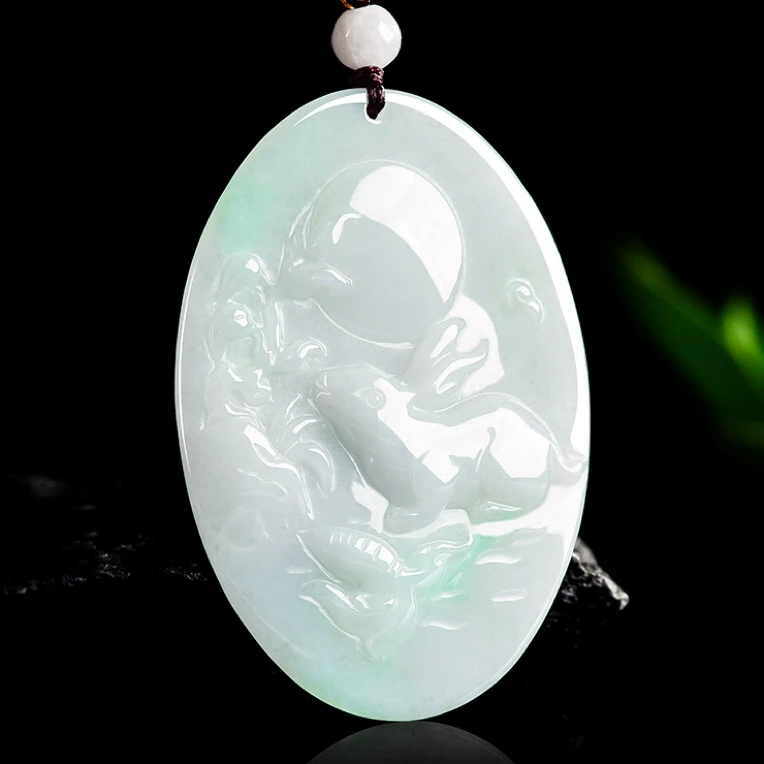 天然缅甸A货翡翠玉兔望月生肖兔牌吊坠玉石吉祥挂件男女送礼饰品