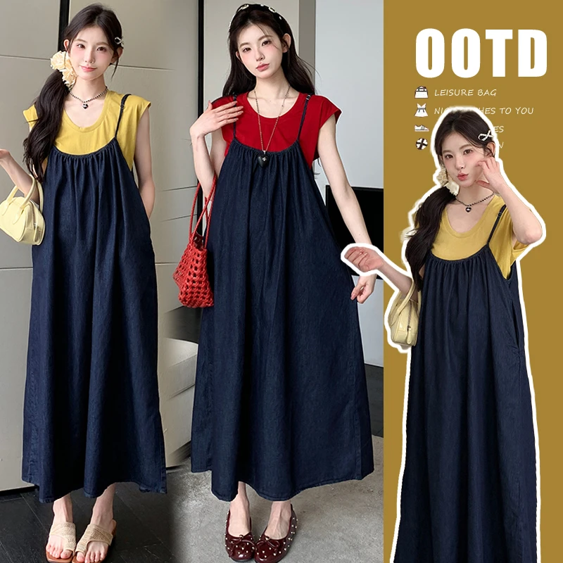 孕妇装套装夏季新款韩版时尚牛仔背带裙短袖t恤慵懒风减龄两件套