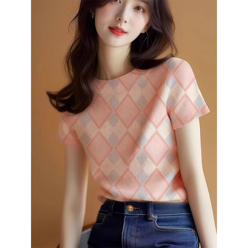 菱格拼色小众设计短袖T恤女2025夏季新款高级感正肩冰丝针织上衣