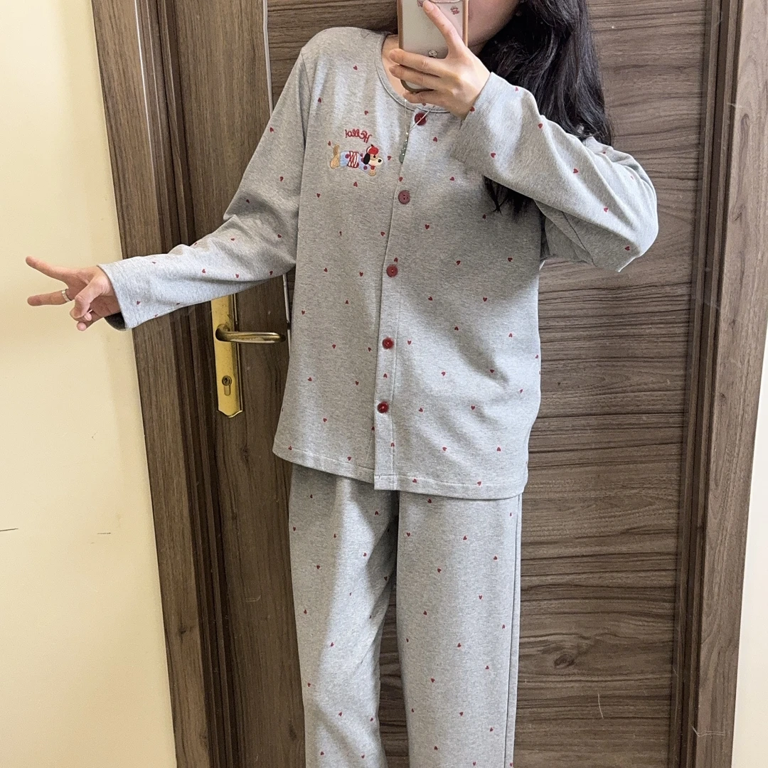 C秋冬新款女士纯棉带胸垫开衫睡衣长袖套装 圆领时尚爱心腊肠狗