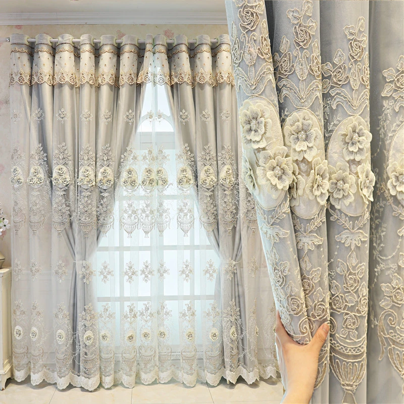 高遮光布纱双层浮雕绣花一体成品落地窗帘飘窗卧室定制灰色提花布
