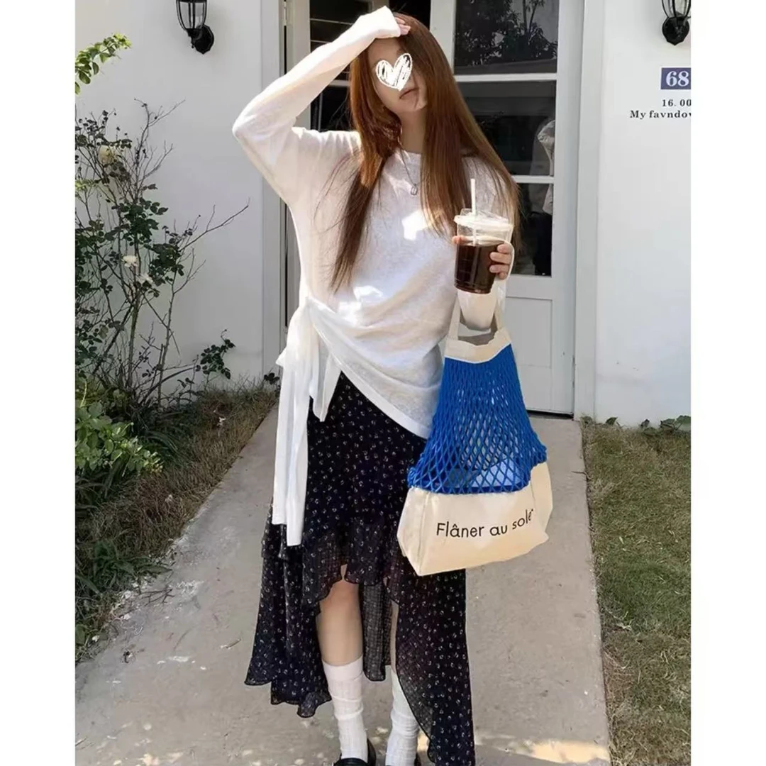 A长袖t恤打底衫搭配小碎花裙子两件套韩系上衣不规则套装9052#