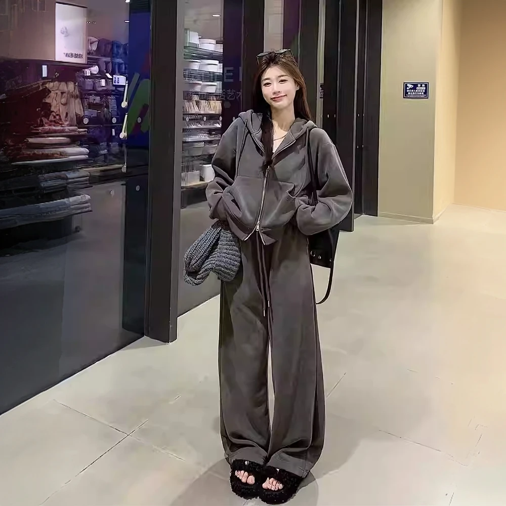 时尚休闲运动服套装女春秋设计感双拉链连帽卫衣外套阔腿裤两件套