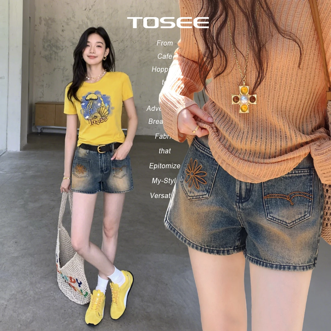 TOSEE 小雏菊刺绣做旧水洗牛仔短裤修身百搭休闲复古TO252XZ0072