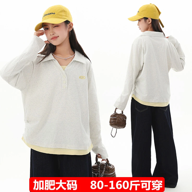 偏胖女童假两件polo衫大码春秋童装打底衫女大童宽松翻领长袖t恤