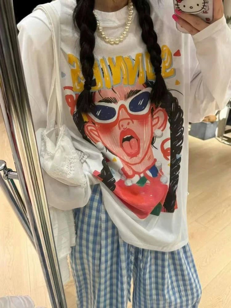 25237#【東Room】夏季韩版宽松显瘦百搭印花长袖防晒T恤女