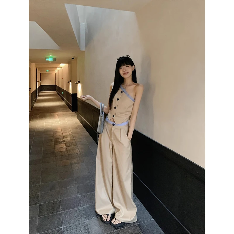 辣妹时尚套装2025年夏季斜肩修身上衣拼接腰头阔腿休闲裤两件套女