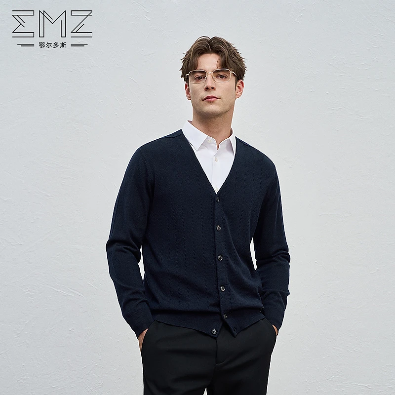 EMZ鄂尔多斯【100%羊毛 可机洗】秋季V领开衫可内搭可外穿羊毛衫男