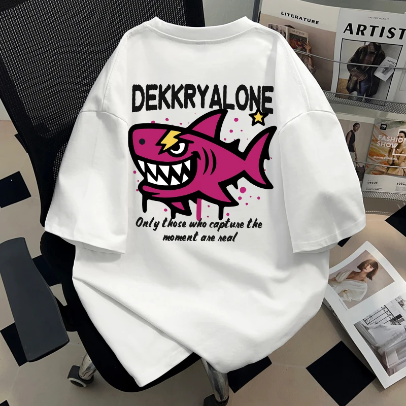 Dekkry潮流街头鲨鱼字母印花夏季纯棉短袖t恤男女款宽松圆领上衣