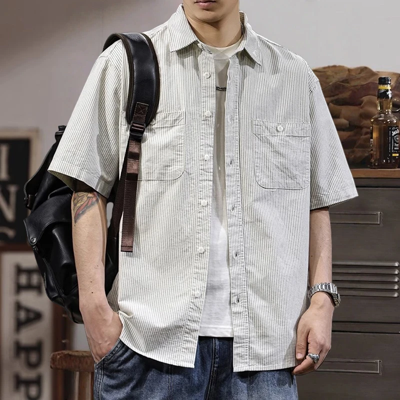 条纹短袖衬衫男士夏季潮牌简约外套美式复古百搭纯棉半袖衬衣男装