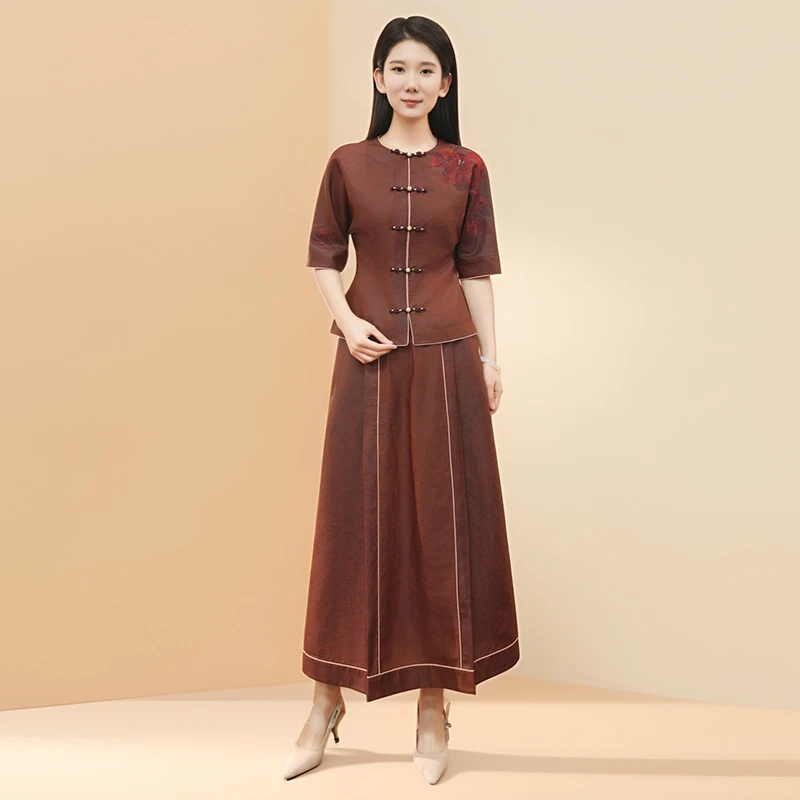 浒城古娘中式香云纱气质显瘦短袖牡丹套装HBSS050612+HBSS050613