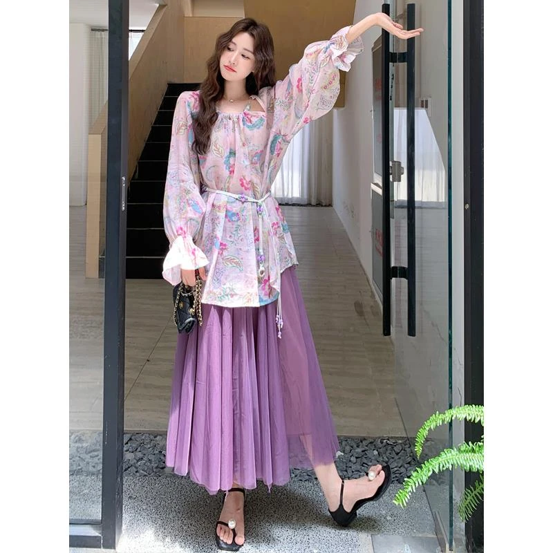 慵懒风时尚套装女2025秋季新款设计感印花盘收腰上衣半身裙两件套